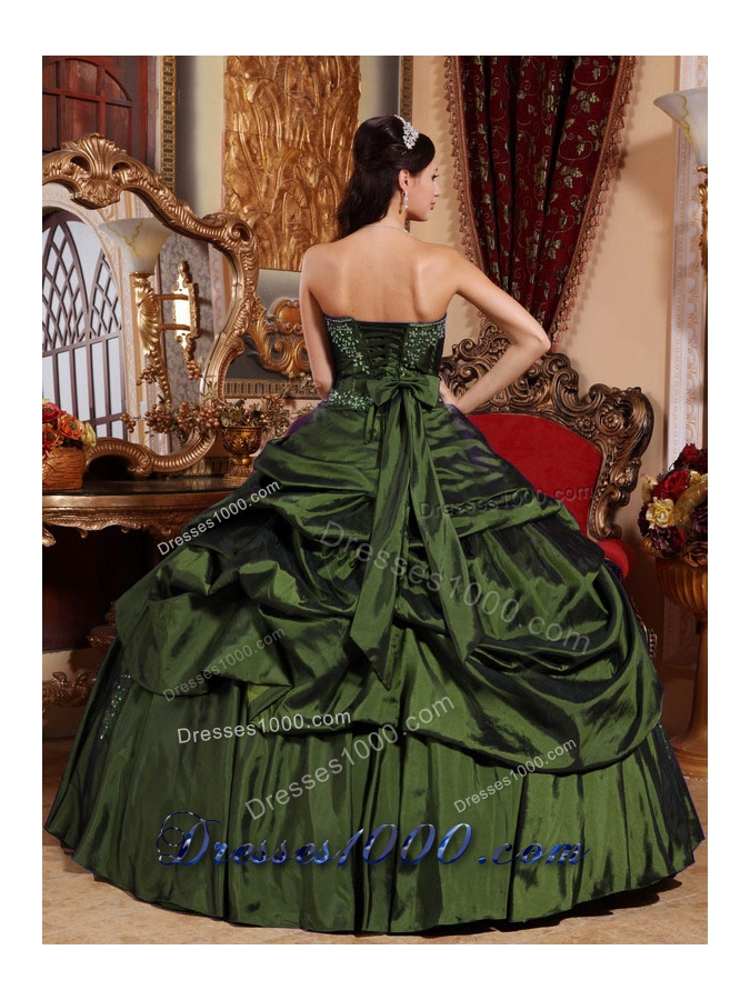 Olive Green Strapless Taffeta Discount Quinceanera Dress with Beading