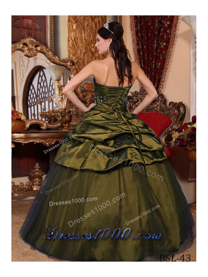 Olive Green Strapless Tulle and Taffeta Beading and Pick-ups Dresses For a Quince