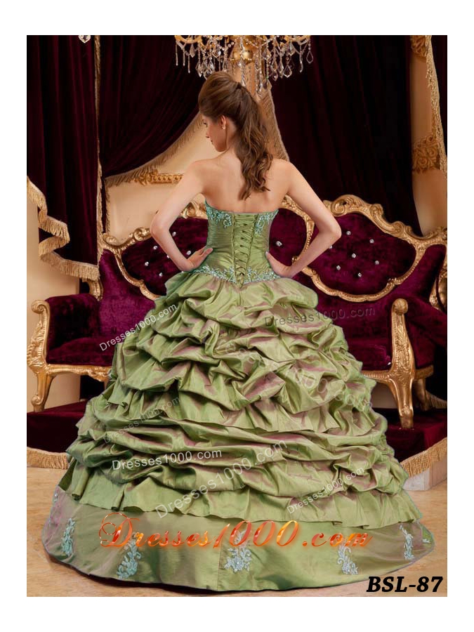 Olive Green Sweetheart Appliques Sweet Sixteen Dresses with Pick-ups