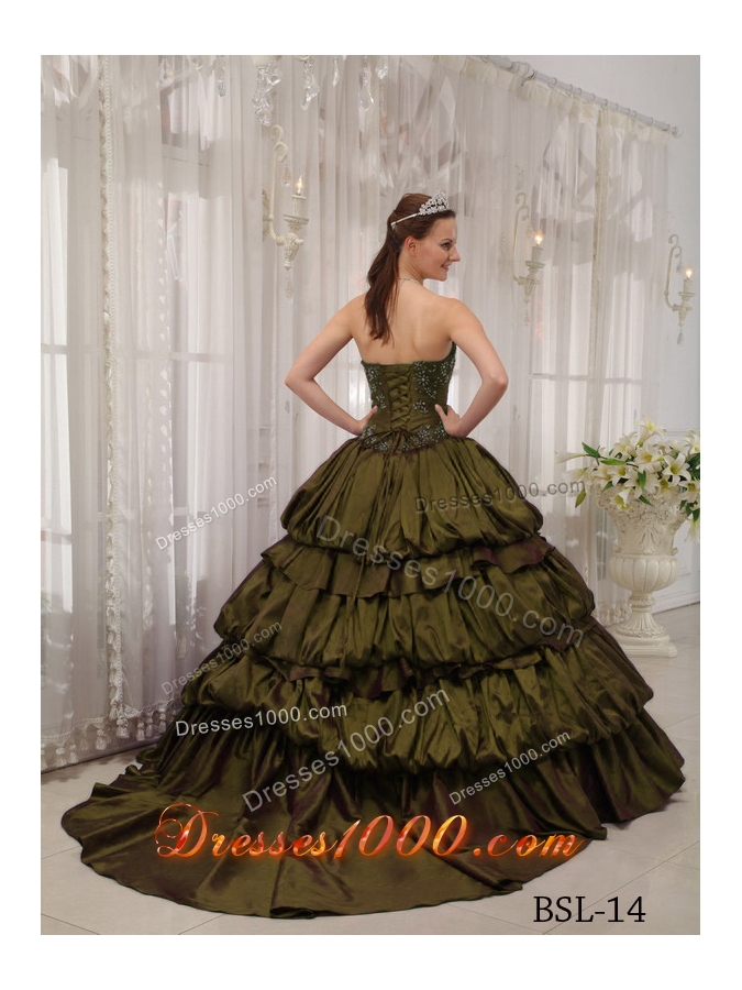 Olive Green Sweetheart Court Train Sweet 16 Dresses with Pick-ups and Appliques