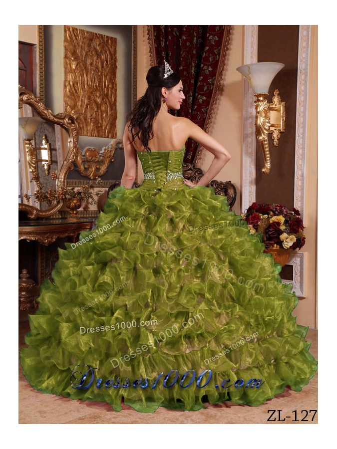 Olive Green Sweetheart Organza Quinceanera Dress with Ruffles and Beading