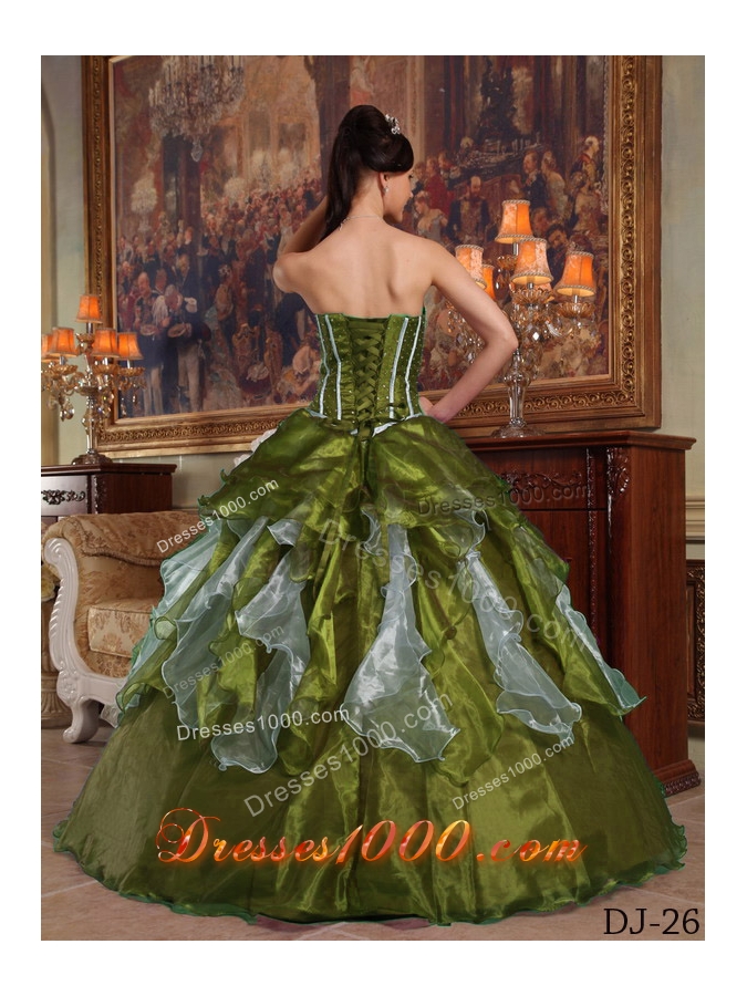 Olive Green Sweetheart Organza Sweet Sixteen Dresses with Ruffles and Beading