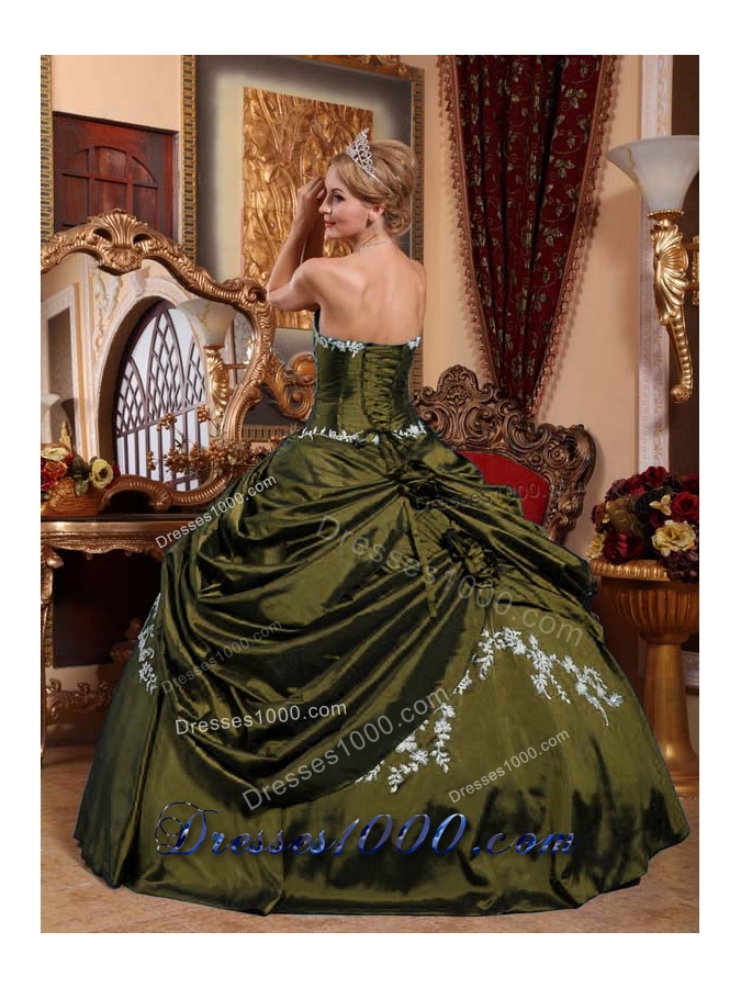 Olive Green Sweetheart Sweet 15 Dresses with Appliques and Pick-ups