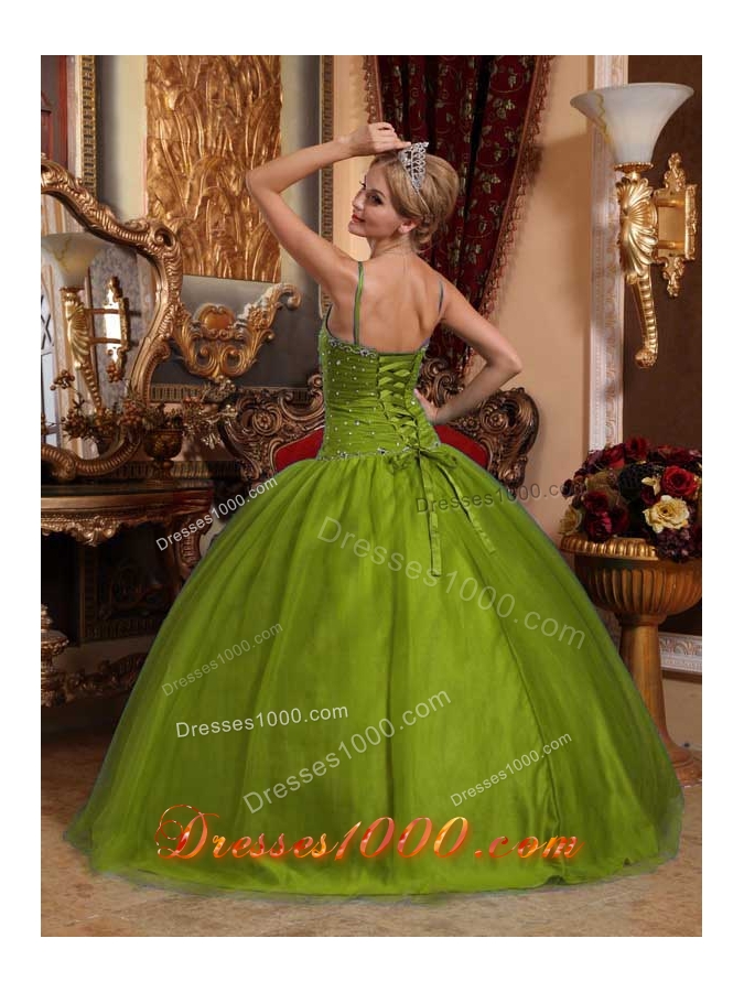 Spaghetti Straps Tulle Beading Olive Green Dresses For a Quinceanera