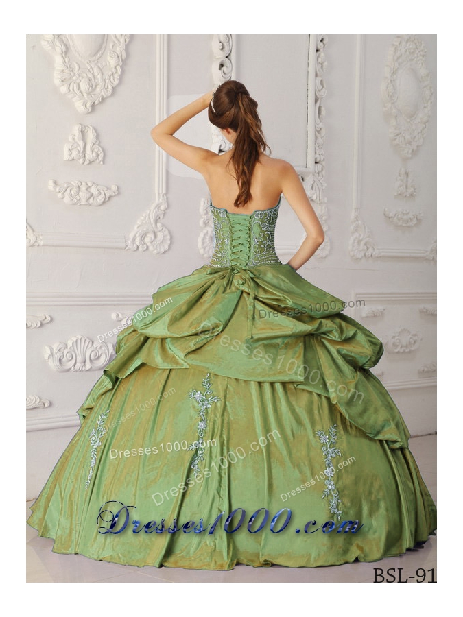 Strapless Taffeta Embroidery and Beading for Olive Green Quinceanera Gowns
