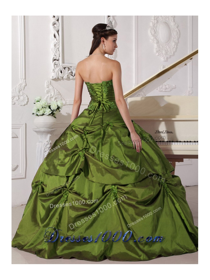 Sweetheart Olive Green Quinceanera Dress with Appilques and Pick-ups
