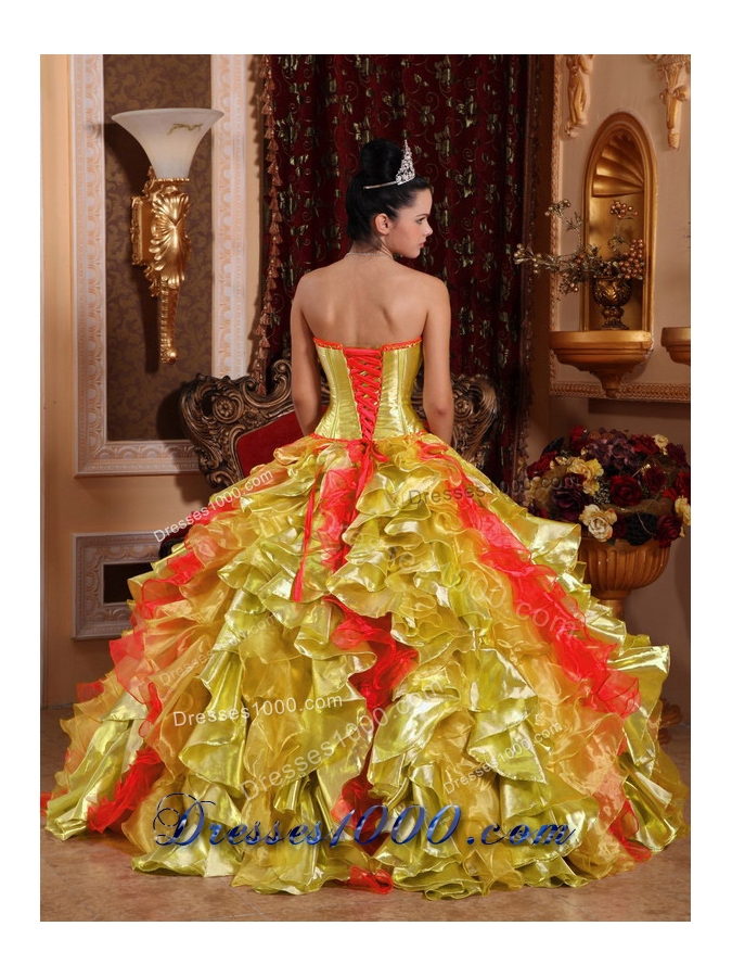 2014 Ball Gown Strapless Ruffles Organza Embroidery Gold Quinceanera Dresses