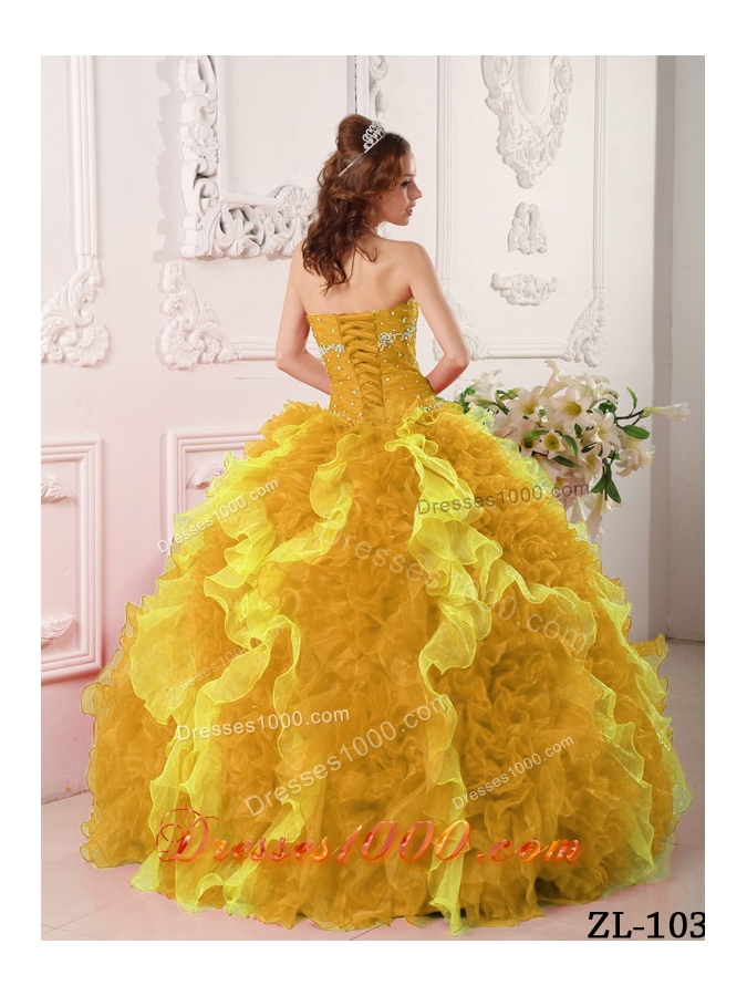 2014 Classical Gold Puffy Sweetheart Beading Quinceanera Dress with Appliques