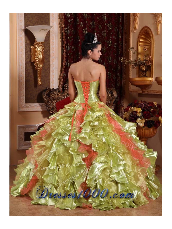 2014 Discount Yellow Green Puffy Strapless Embroidery Quinceanera Dress with Pick-ups