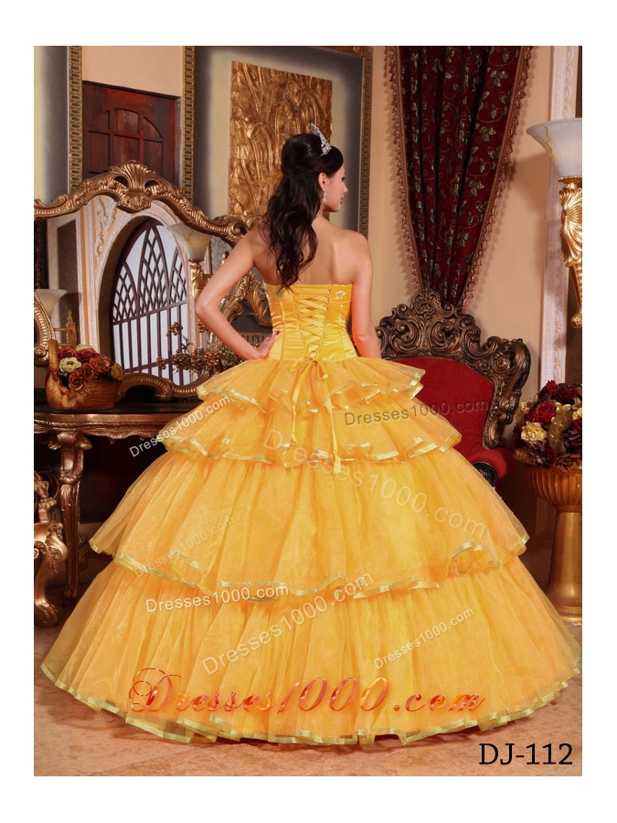 2014 Fashionable Golden Puffy Strapless Bow Quinceanera Dress with Ruffled Layers