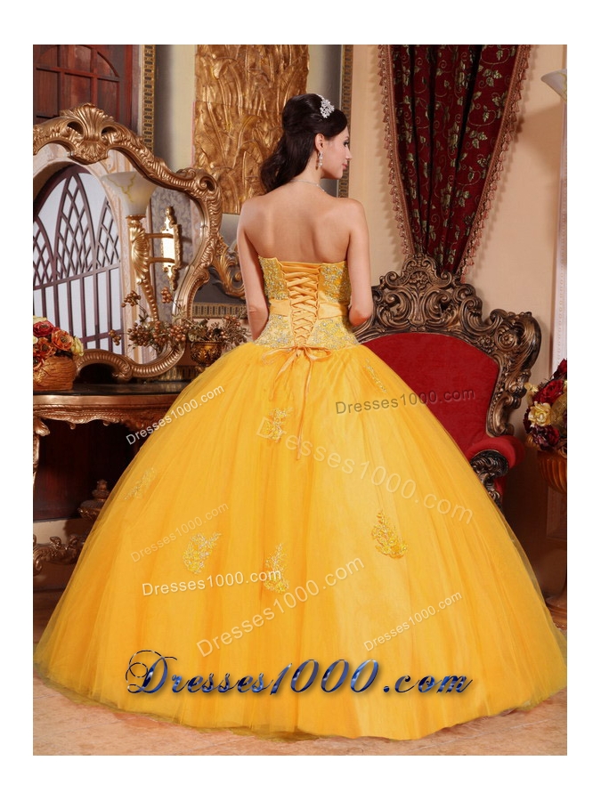 2014 Gold Puffy Sweetheart Appliques Quinceanera Dress with Hand Made Flower