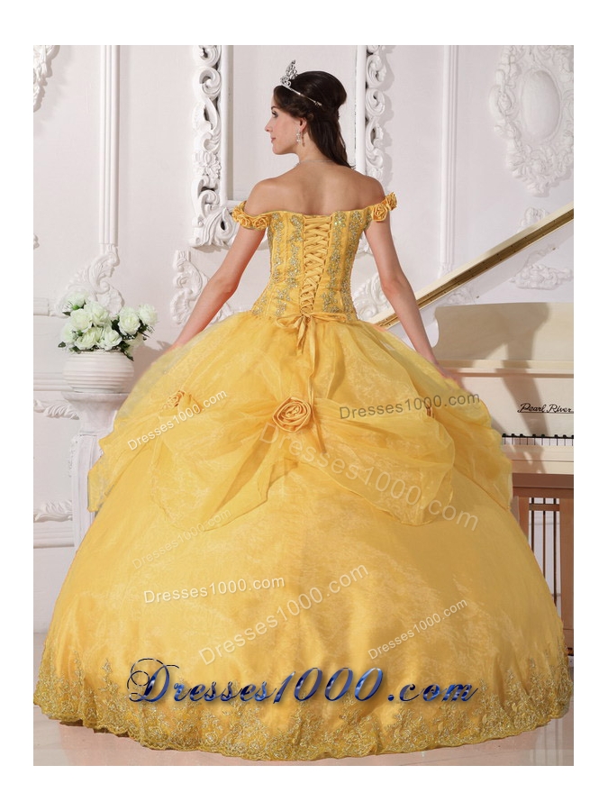2014 Golden Off The Shoulder Appliques Quinceanera Dress with Hand Made Flowers