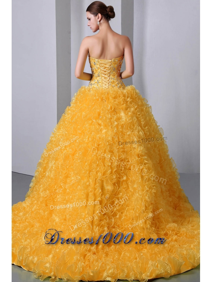 2014 Golden Princess Sweetheart Brush Train Ruffles Quinceanea Dress with Beading