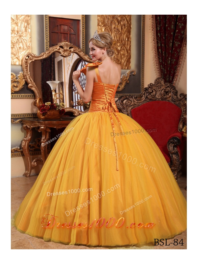 2014 Golden Puffy One Shoulder Beading Quinceanera Dress with Bow