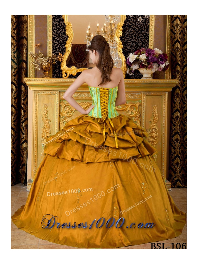 2014 Orange Puffy Strapless Appliques Taffeta Quinceanera Dress with Beading