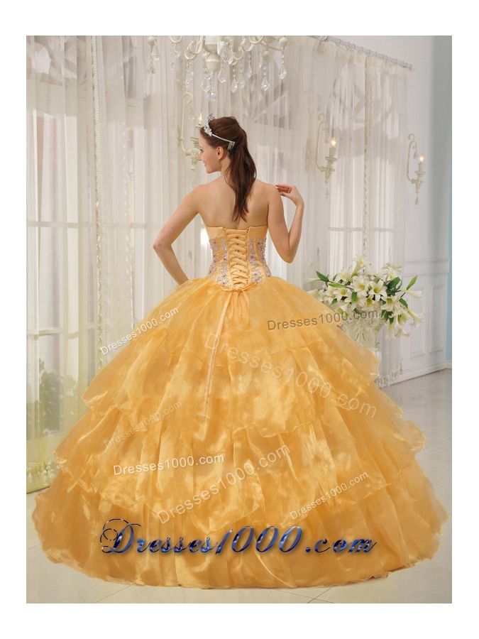 2014 Orange Puffy Strapless Beading and Hand Made Flower Quinceanera Dress with Ruffled Layers