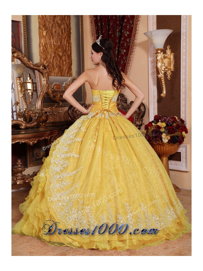 2014 Yellow Ball Gown Sweetheart Lace 2014 Quinceanera Dress with Ruffles