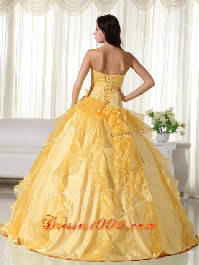 2014 Yellow Puffy Sweetheart Embroidery Quinceanera Dress with Beading