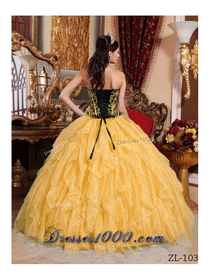 Elegant Gold Puffy Sweetheart Embroidery 2014 Quinceanera Dress with Beading