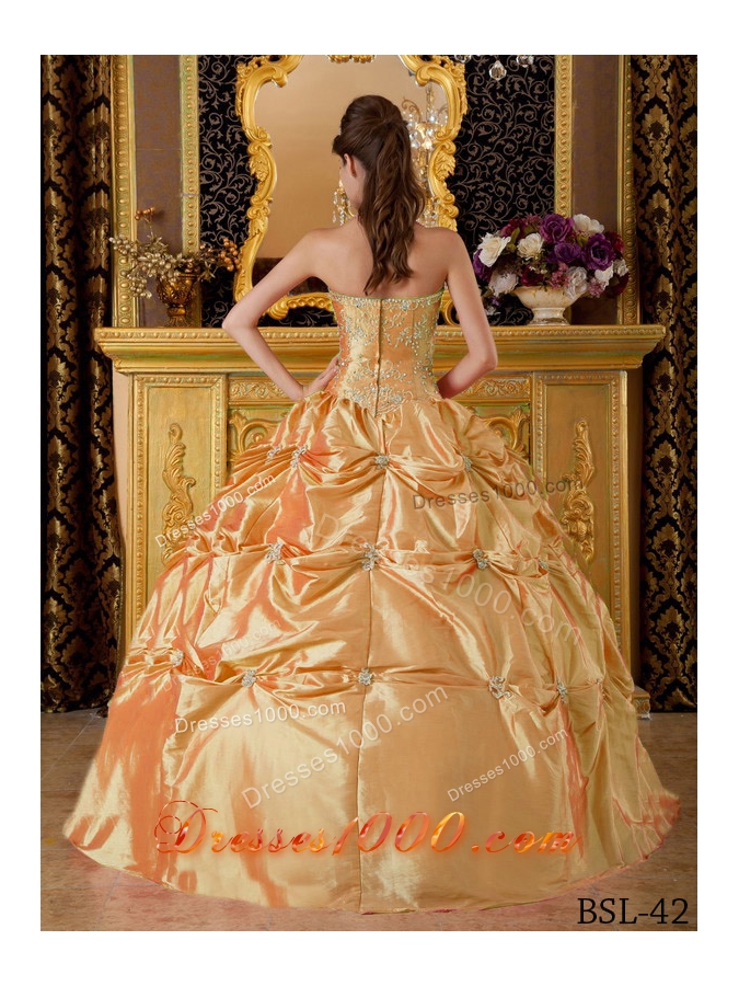 Lovely Golden Puffy Halter Appliques for 2014 Quinceanera Dress
