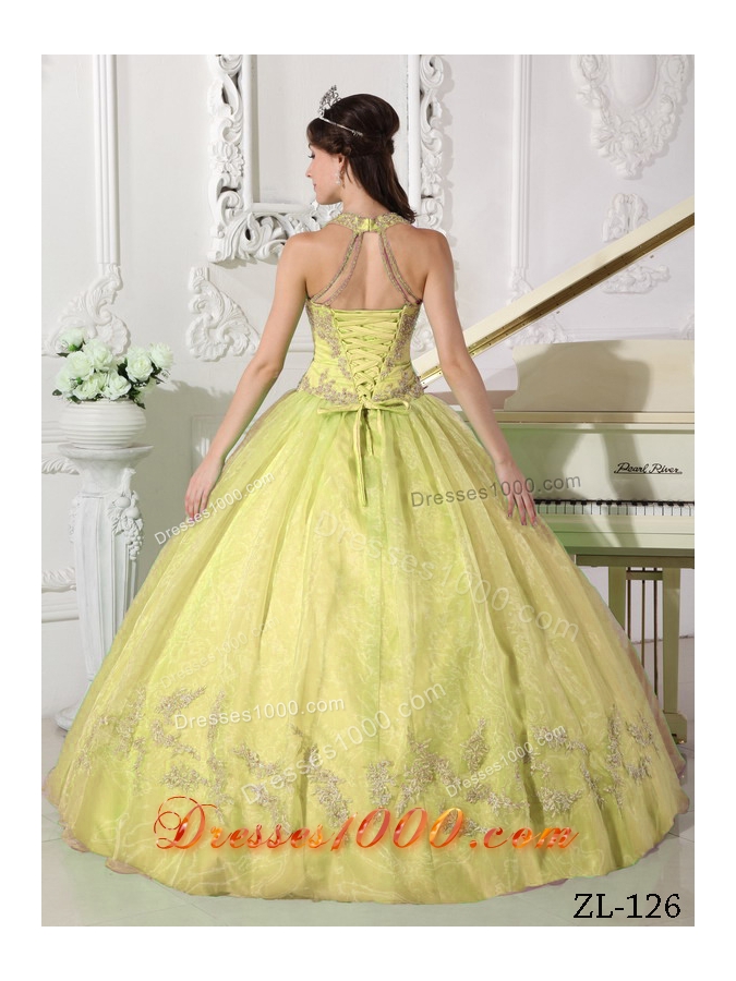 Romantic Yellow Puffy Halter Appliques Quinceanera Dress for 2014
