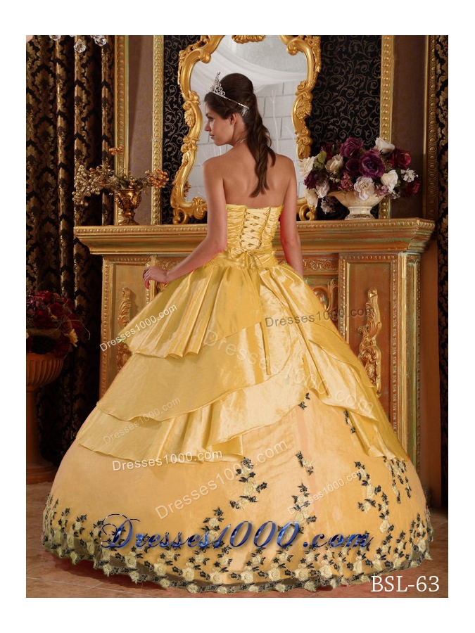 Yellow Ball Gown Sweetheart Appliques 2014 Quinceanera Dress with Beading