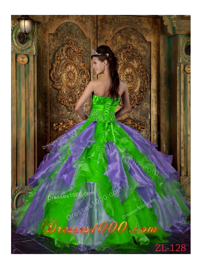 2014 Spring Green Puffy Strapless Beading and Ruffles Quinceanera Dresses