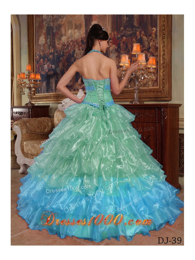 Apple Green Puffy Halter 2014 Beading Quinceanera Dresses with Ruffles