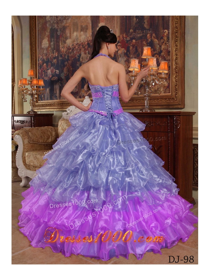 Modest Puffy Halter 2014 Beading Quinceanera Dresses with Ruffled Layers