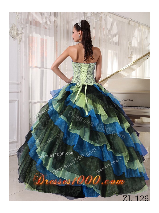 Multi-color Puffy Strapless Appliques and Beading 2014 Quinceanera Dresses