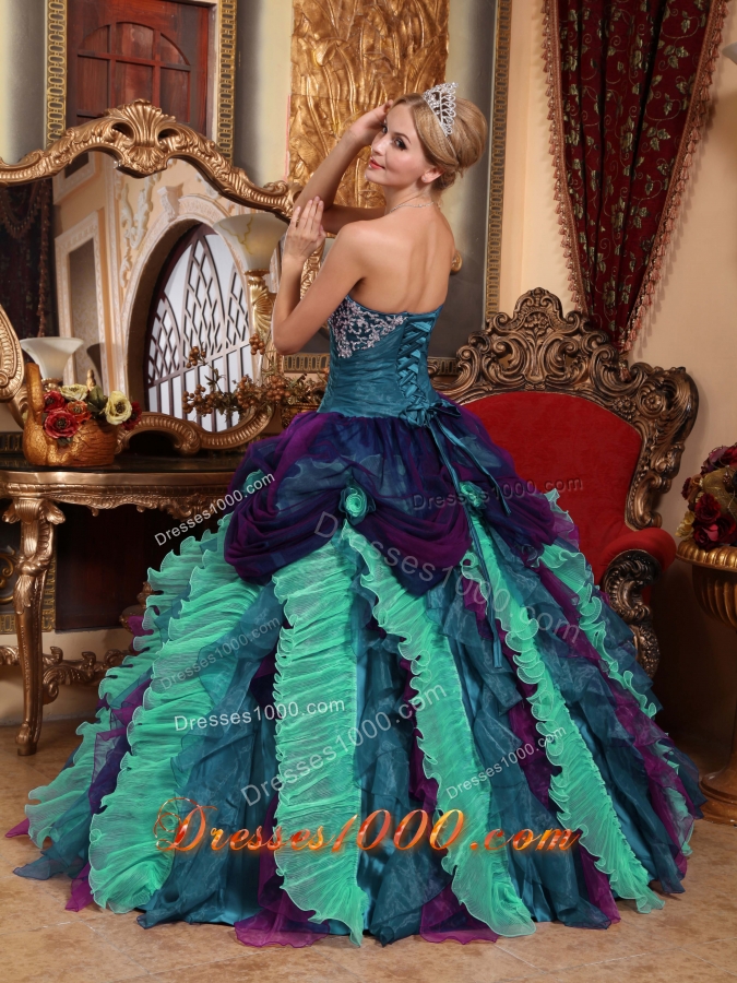 Multi-color Puffy Strapless Appliques and Beading Quinceanera Gowns for 2014