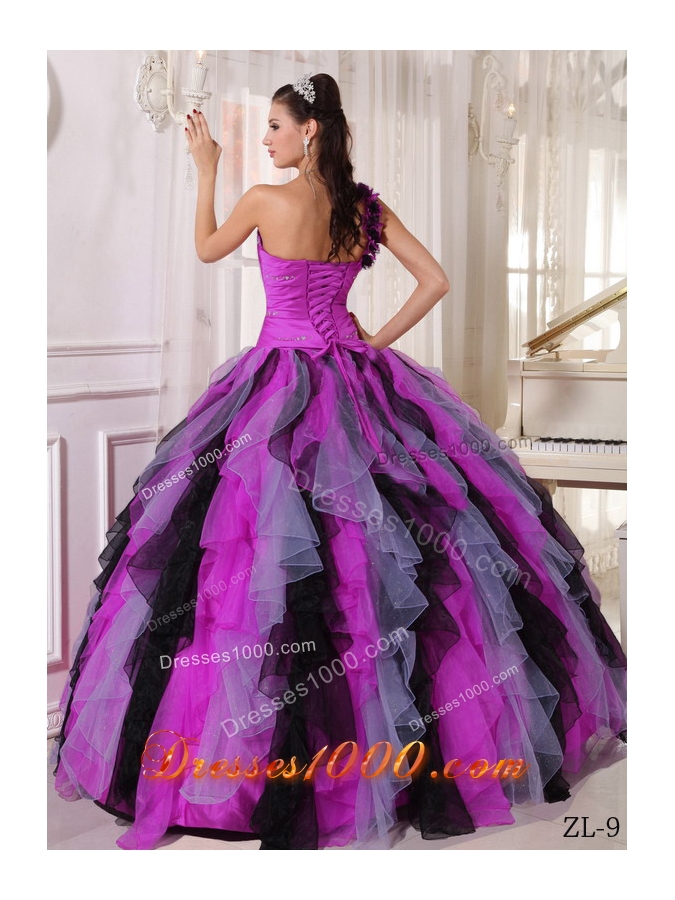 Multi-colored Puffy One Shoulder Beading and Ruffles Quinceanera Dresses for 2014