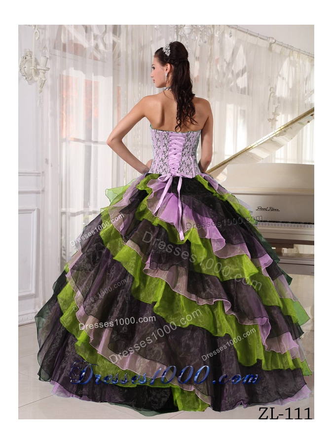 Perfect Multi-color Puffy Strapless Appliques and Beading for 2014 Quinceanera Dresses