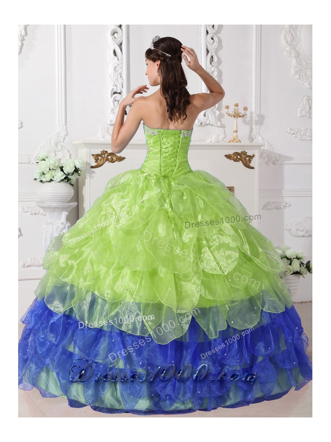 Colorful Puffy Strapless 2014 Appliques Quinceanera Dress with Ruffled Layers