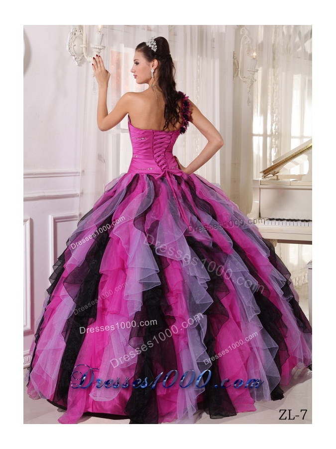 Puffy One Shoulder Beading and Ruffles 2014 Quinceanera Dresses with Multi-colored