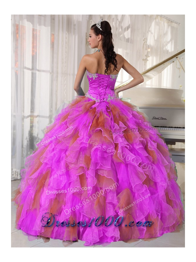 2014 Pretty Puffy Sweetheart Organza Long Quinceanera Dress with Appliques