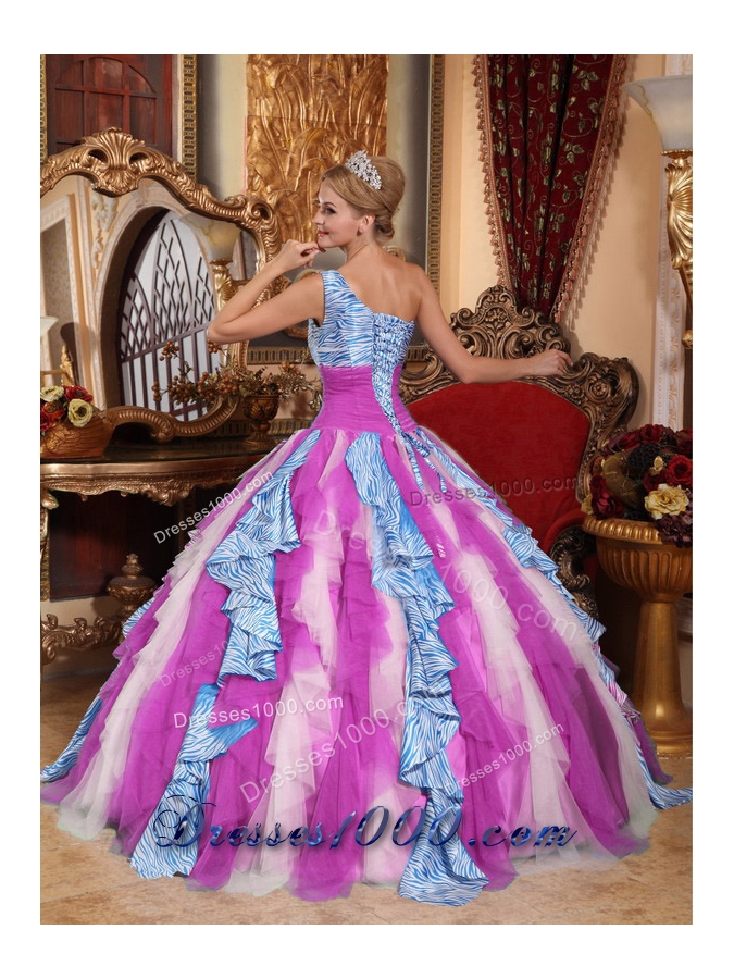 Multi-color Puffy One Shoulder 2014 Ruffles Quinceanera Dress for Custom Made