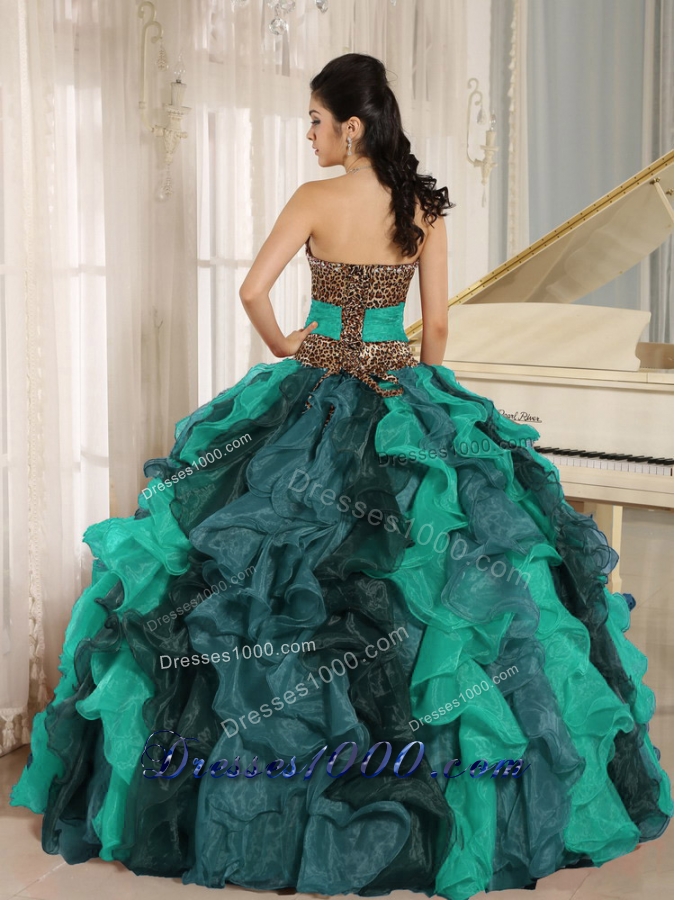 Wholesale Multi-color V-neck Ruffles Leopard and Beading Quinceanera Dresses