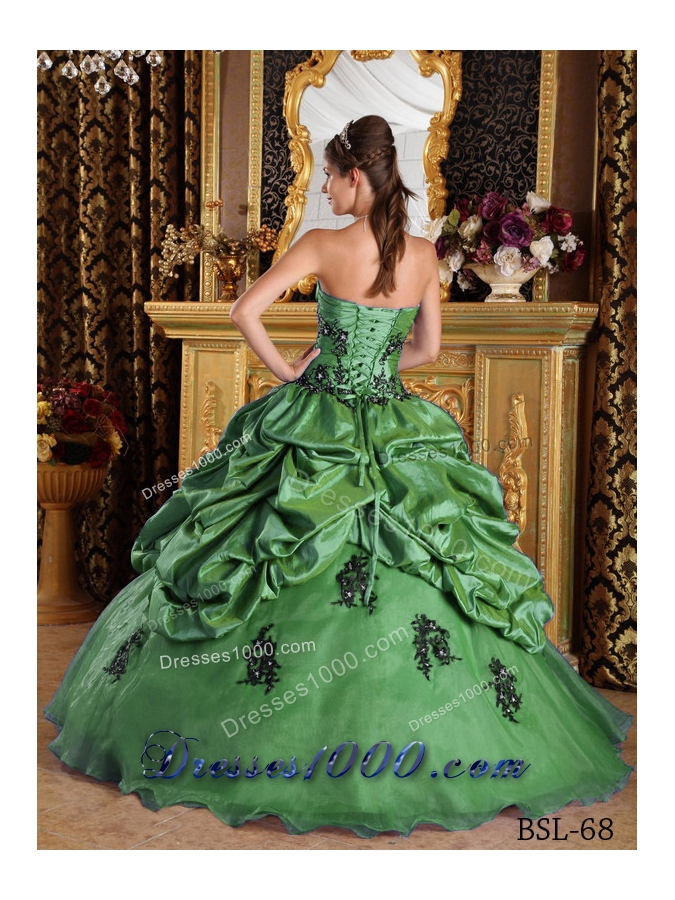 2014 Green Princess Strapless Appliques Quinceanera Dress with Pick-ups