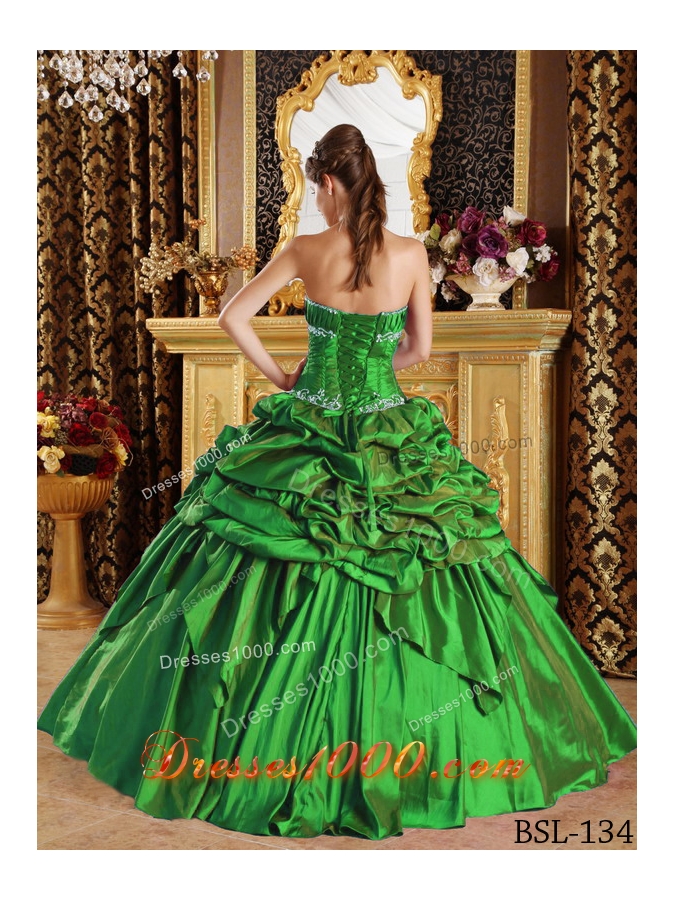 2014 Green Puffy Strapless Pick-ups Quinceanera Dress with Appliques