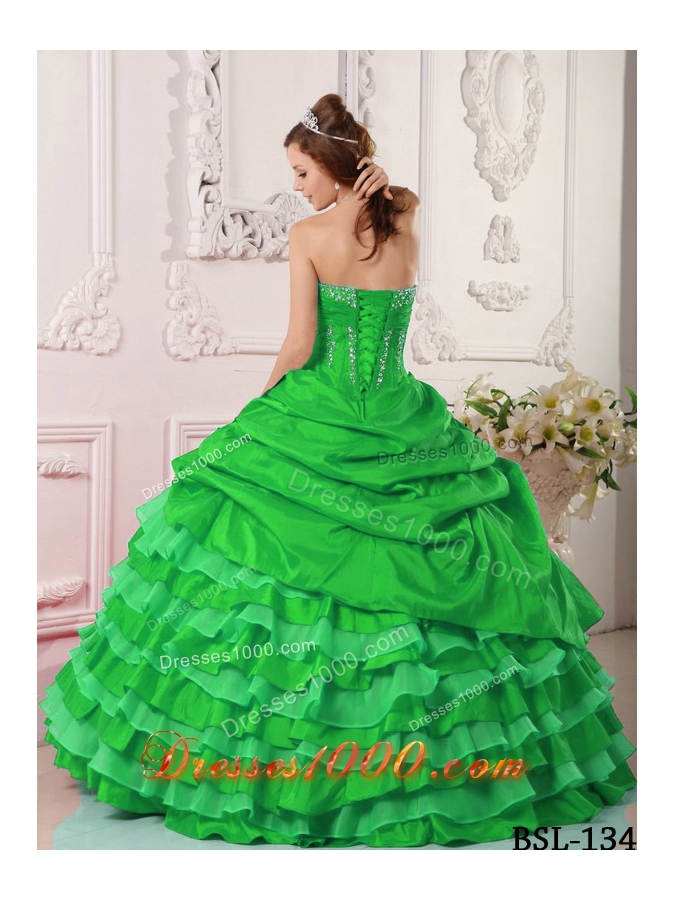 2014 Green Puffy Strapless with Pick-ups and Beading Quinceanera Dress