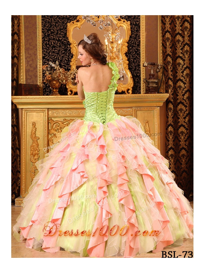2014 Multi-Color Puffy One Shoulder Beading and Ruffles Quinceanera Dresses