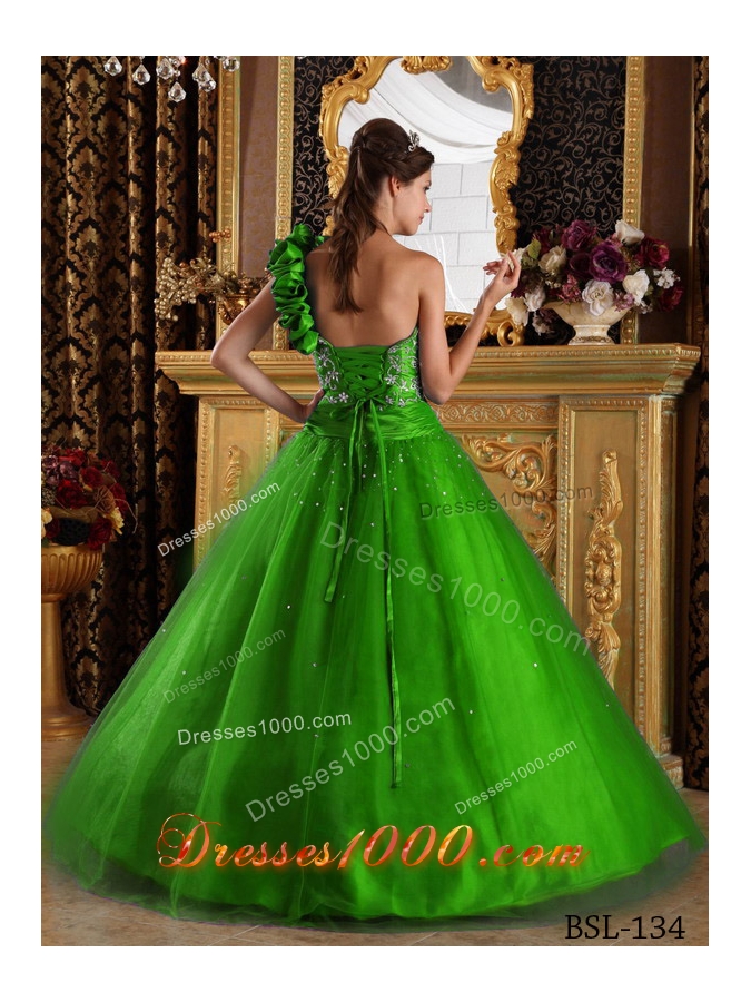 Affordable Green Princess One Shoulder with Beading for 2014 Quinceanera Dress