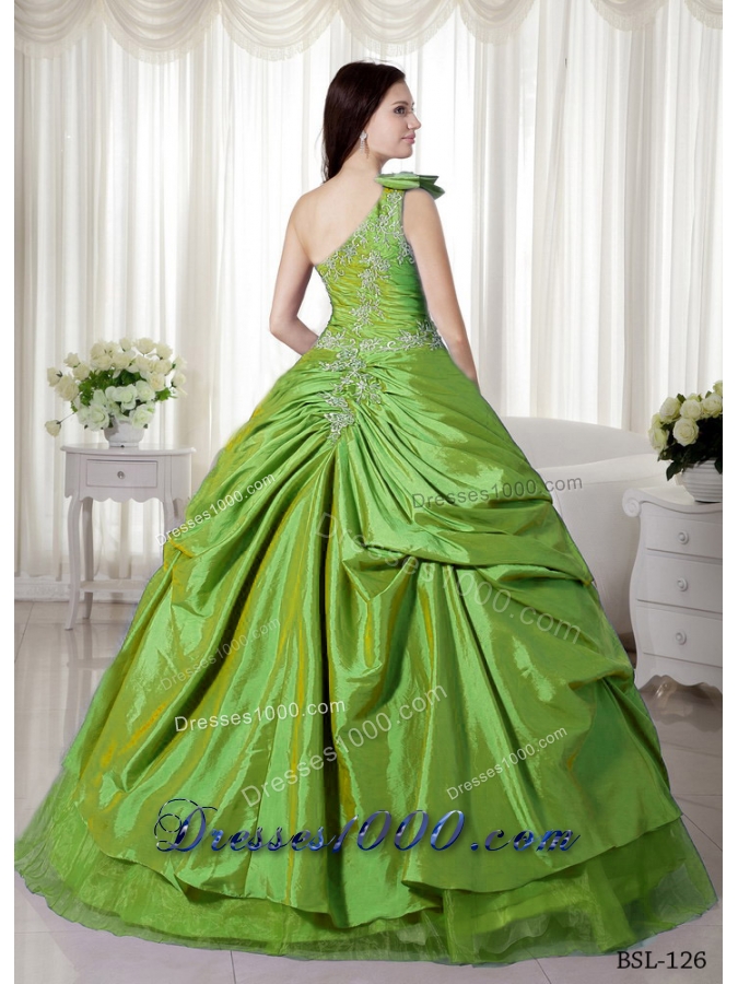 Cheap Puffy One Shoulder with Pick-ups and Appliques for 2014 Quinceanera Dress