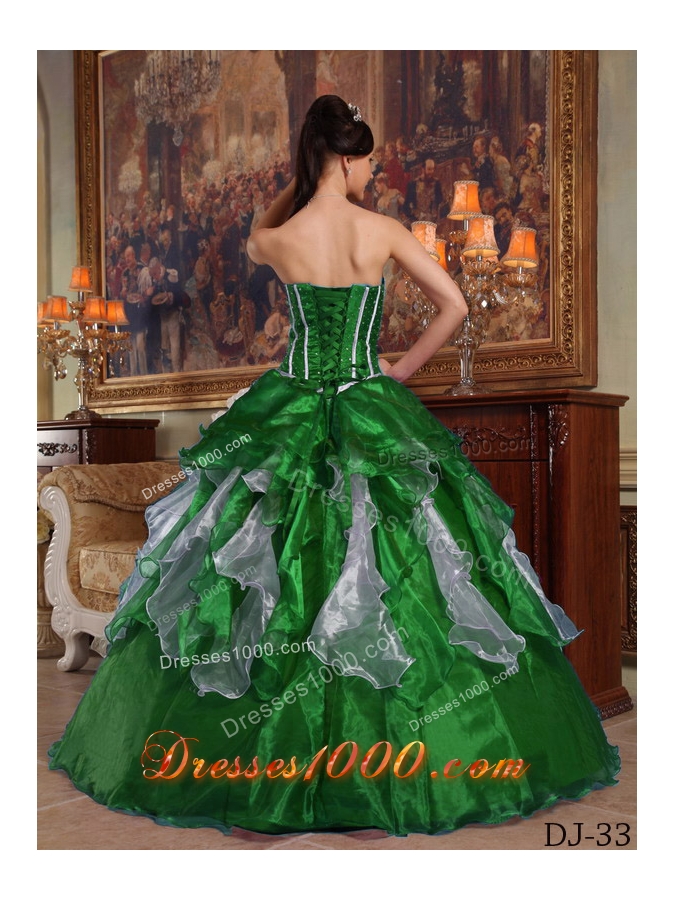 Cute Puffy Sweetheart with Ruffles and Beading for 2014 Dark Green Quinceanera Dress