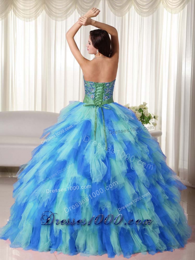 Exclusive Multi-color Puffy Strapless Appliques Quinceanera Dress for 2014