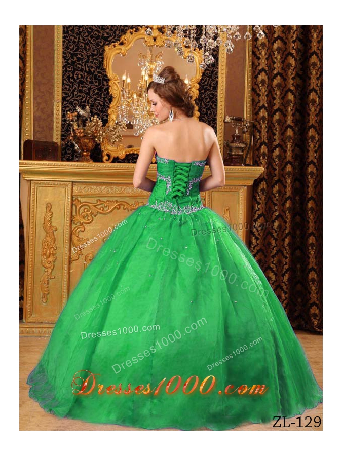 Exquisite Green Puffy Sweetheart with Beading and Appliques Quinceanera Dress for 2014