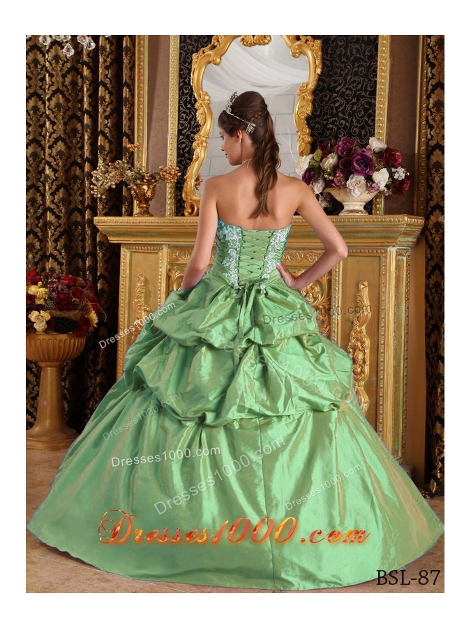 Gorgeous Green Puffy Strapless with Appliques for 2014 Quinceanera Dress