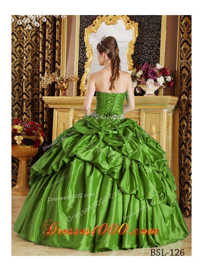 Green Puffy Strapless with Pick-ups and Beading Decorate for 2014 Quinceanera Dress