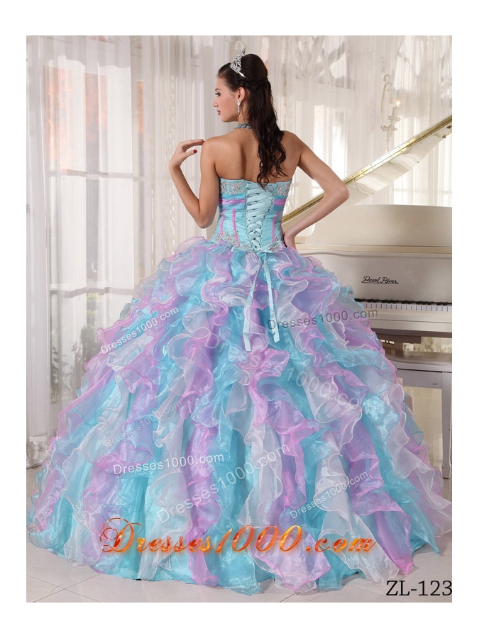 Multi-color Puffy Sweetheart Appliques Quinceanera Dress for 2014